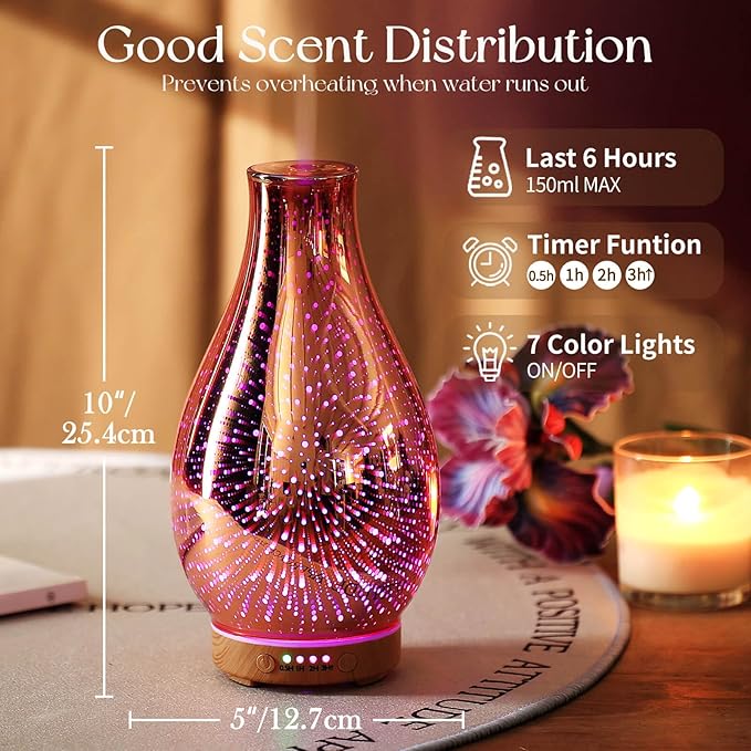Porseme Essential Oil Diffuser 3D Glass Aromatherapy Ultrasonic Humidifier Cool Mist, Auto Shut-Off, Timer Setting, BPA Free for Home Office Hotel Yoga Gym Leisure SPA Gift 100ml
