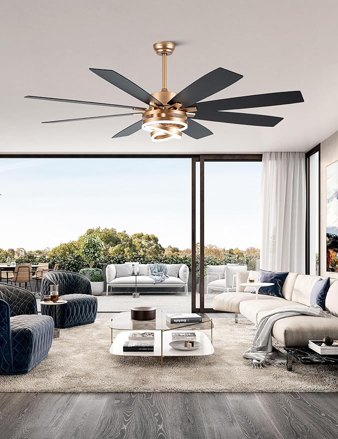 Gold Ceiling Fans with Lights, 72 Inch Large Modern Ceiling Fan with Remote Control for Living Room Kitchen, 3 CCT, 6 Speed Reversible DC Motor, Dual Finish