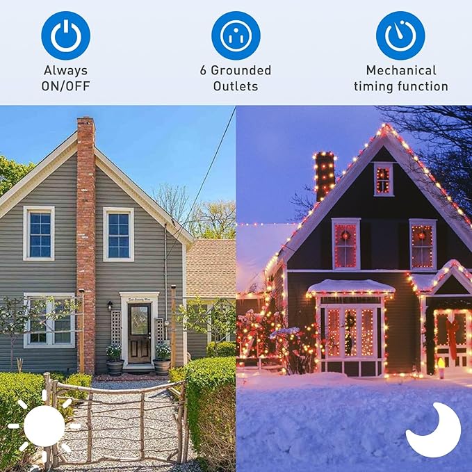 Outdoor Stake Timer Waterproof, 24 Hour Mechanical Power Strip Timer with 6 Outlets(3 180° Rotatable), 6ft Extension Cord Yard Stake Timer for Outdoor Christmas Lights, Heavy Duty, UL Listed