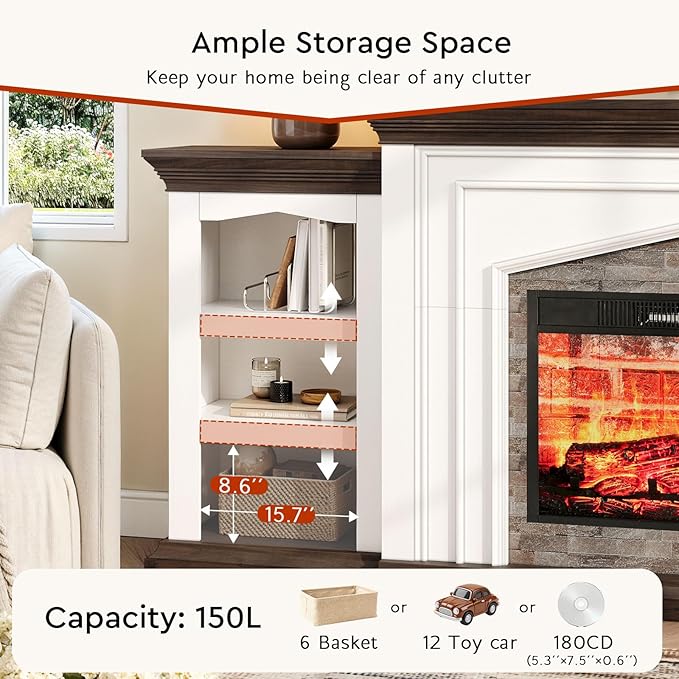 LGHM 80" Fireplace TV Stand for TVs Up to 90 Inch, Electric Fireplace with Mantel, Farmhouse Entertainment Center with Storage, Fireplace Heater Insert with 3D Flame Effect for Living Room
