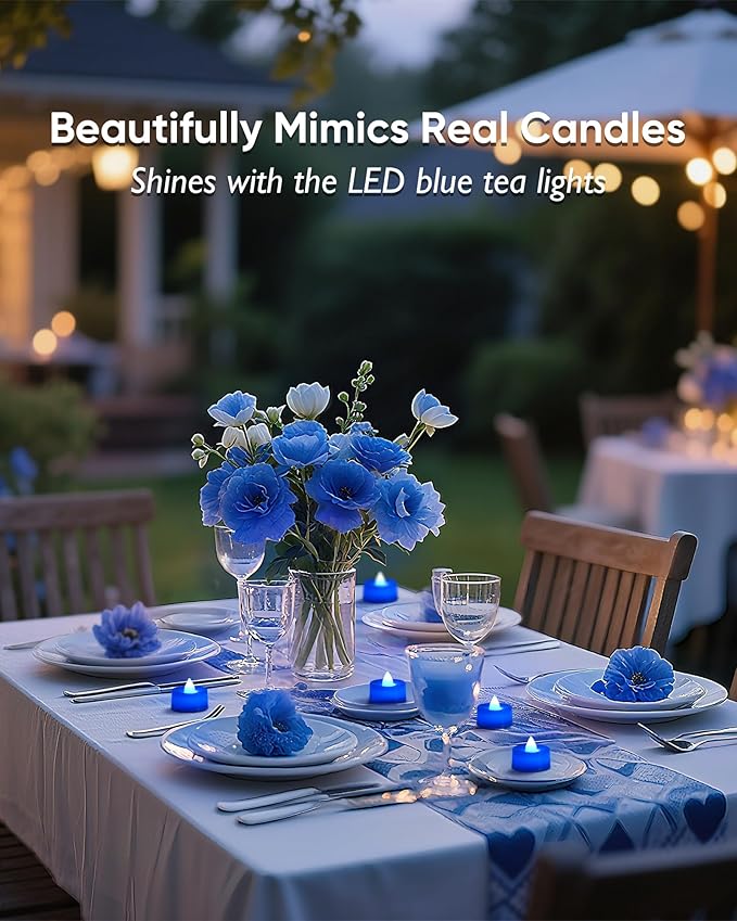 Amagic 30 Pcs Blue Flickering Flameless Tea Lights Battery Operated, 200+ Hours Long Lasting Colored Candles for Wedding, Table Centerpiece, Home Decor, Gift, Party, Halloween, Christmas, Proposal