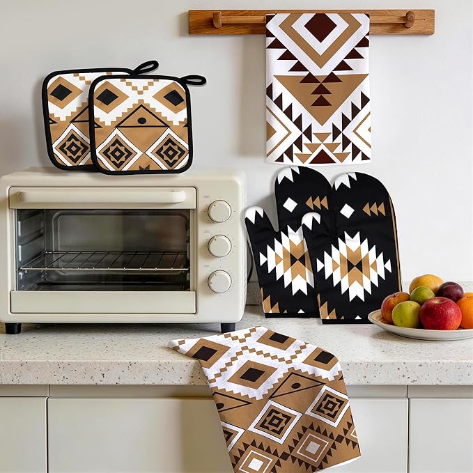 8 Pcs Western Aztec Kitchen Decor Accessories Set Farmhouse Towels Pot Holders Oven Mitts Set 4 Dish Towels 2 Potholders 2 Cooking Mittens Oven Glove for Home Baking Cooking Supply(Brown,Kitchen)