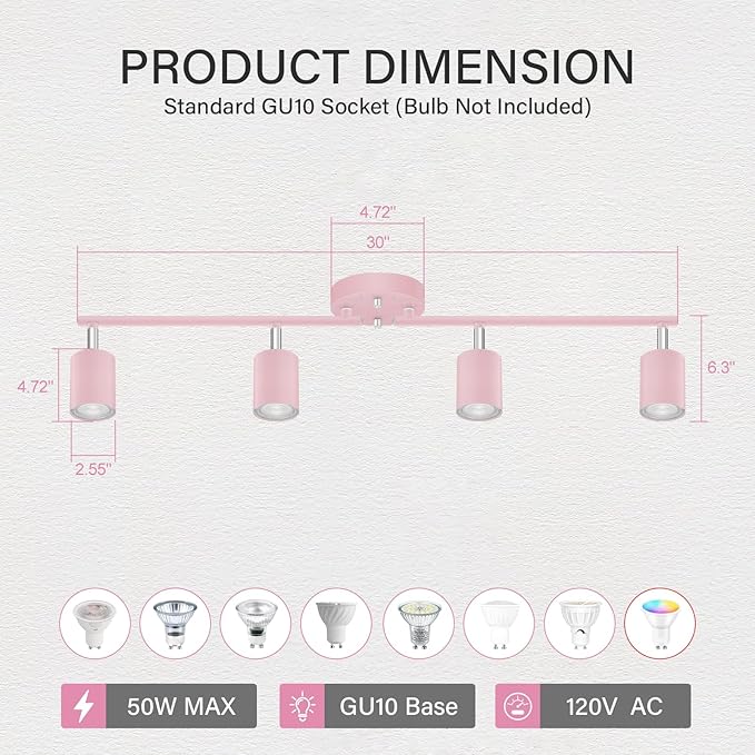 BoostArea LED 4 Light Track Lighting Kit, Pink 4 Way Ceiling Spot Lighting, Flexibly Rotatable Light Head for Kitchen, Living Room, Bedroom, Bulb Not Included