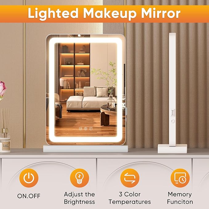 Sweetcrispy 18"x13" LED Vanity Mirror with Lights, Small Smart Makeup Mirror with Touch Control, Dimmable Lighting