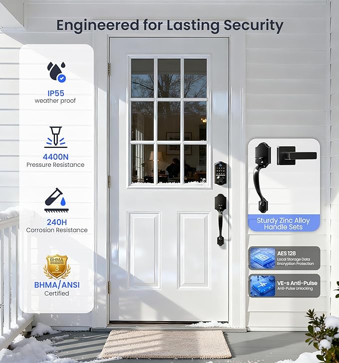 Veise VE017-H Fingerprint Smart Front Door Lock Set, App Control, 8-in-1 Keyless Entry Deadbolt with Zinc Alloy Handles, Emergency Power Port, Touchscreen Keypad, Auto Lock, Easy Install, Matte Black