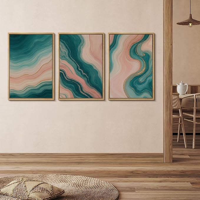 wall26 Framed Canvas Print Wall Art Set Flowing Teal and Blush Marble-Inspired Abstract Illustrations Modern Art Decorative Multicolor for Living Room, Bedroom, Office - 24"x36"x3 NATURAL
