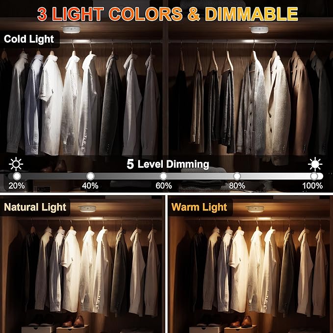 YiaMia Motion Sensor Night Light - 3 Pack, Smart Wireless Closet Lights, 3 Light Colors + Dimming, 3 × AA Battery Operated Indoor Stair Light Suitable for Kitchen, Wardrobe and Hallway