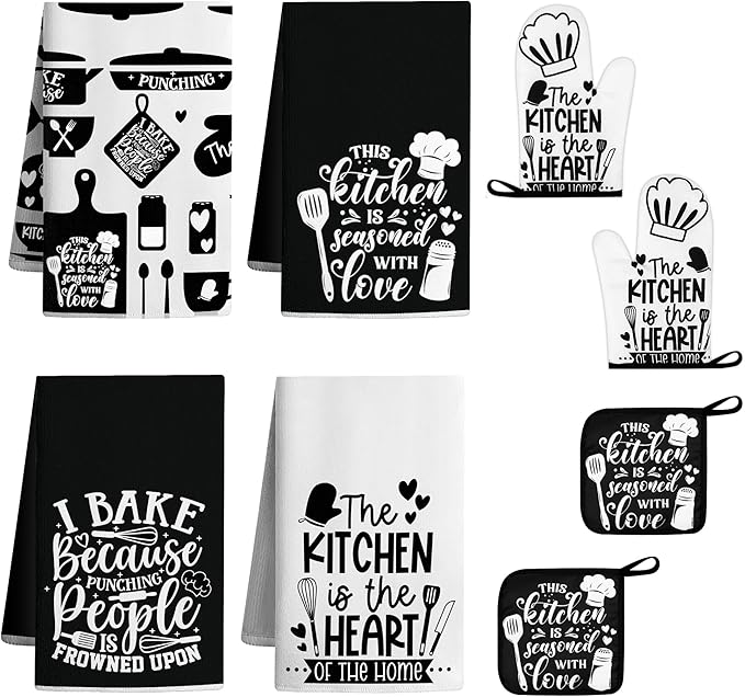8 Pcs Farmhouse Kitchen Decor Accessories Set 4 Black White Kitchen Dish Towels 2 Oven Mitts 2 Pot Holders Kitchens Towels Pot Holders Oven Mitt Decor for Cooking Baking Housewarming Daughter Mom Gift