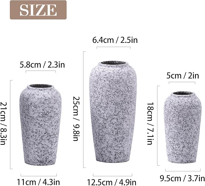 Stone Vase Set 3 Modern Decor Ceramic Vases Rustic Farmhouse Home Tea Table Office Room Desk Pottery