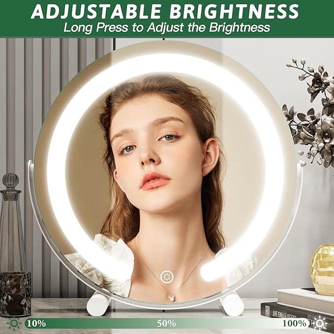 ROLOVE Vanity Mirror with Lights, 12 Inch Light Up Makeup Mirror, LED Makeup Mirror with Lights for Bedroom Tabletop, Smart Touch Control 3 Colors Dimmable, 360° Rotation, White