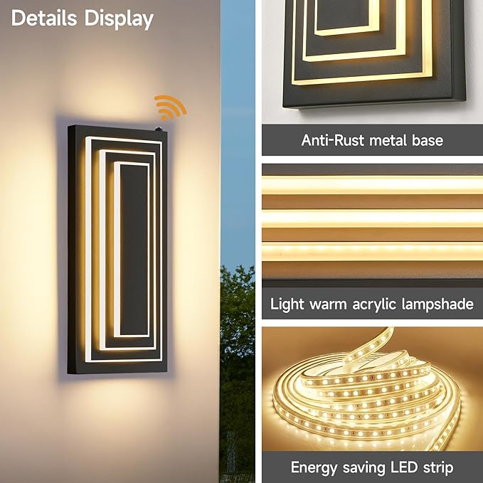 Dusk To Dawn Led Outdoor Wall Light, 3 Tier Modern Exterior Lights For House, 15.7 IN Black Outdoor Porch Lights Wall Mount, 24W Warm White Outside Light Fixtures For Patio, Front Door, 1 Pack