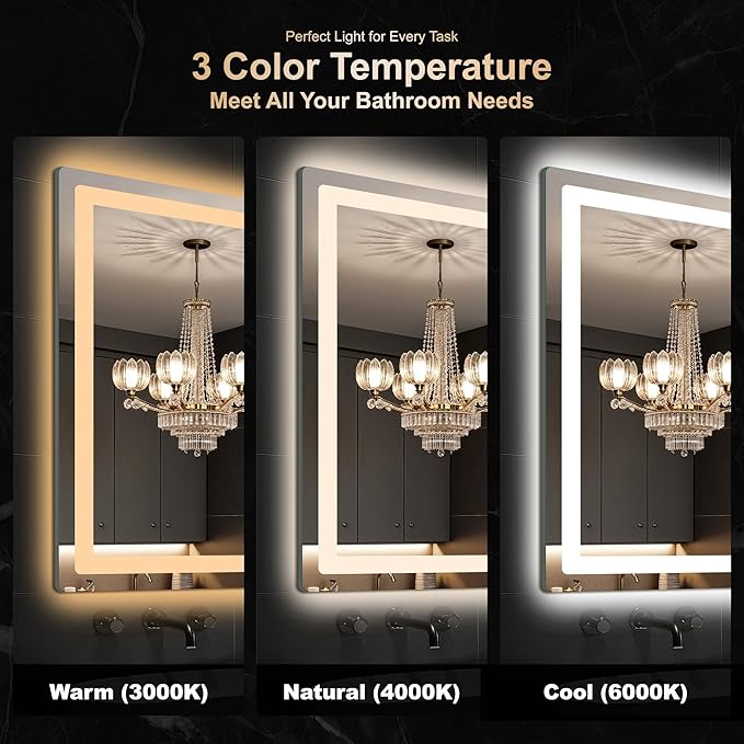 Delma LED Bathroom Mirror with Lights, 30x30 Vanity Mirror for Bathroom Wall, Anti-Fog, Dimmable, Front Lit & Backlit, Memory Function, Shatterproof Tempered Glass, 3 Color Modes(Horizontal/Vertical)