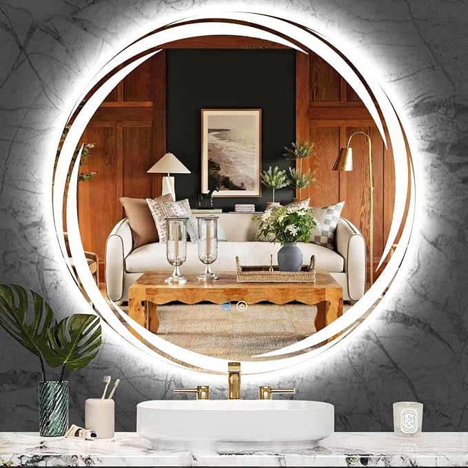 24 Inch Unique Swivel Round Lighted Mirror for Bathroom Hotel Wall LED Round Vanity Mirror with Lights Smart Memory 3 Color Dimmable AntiFog 24" Frameless Backlit Rounds Circle Lighted Mirrors