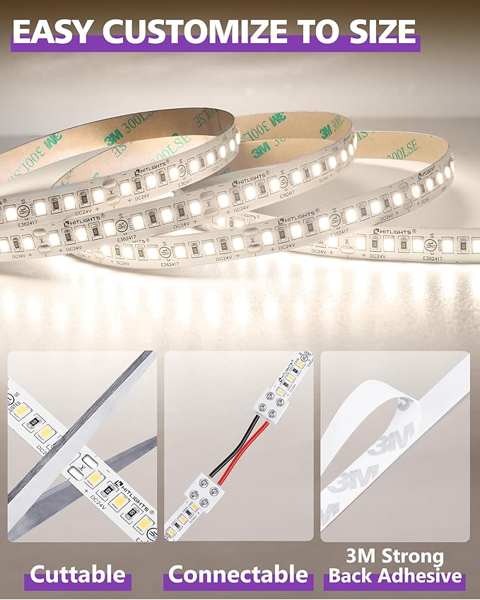 HitLights LED Strip Lights Neutral White 4000K, 16.4ft Premium High Density 24V Tape Light, 600 LEDs, 426 LM/FT, CRI 90+, IP30, Lighting for Kitchen, Cabinets, UL Listed (Power Source Not Included)