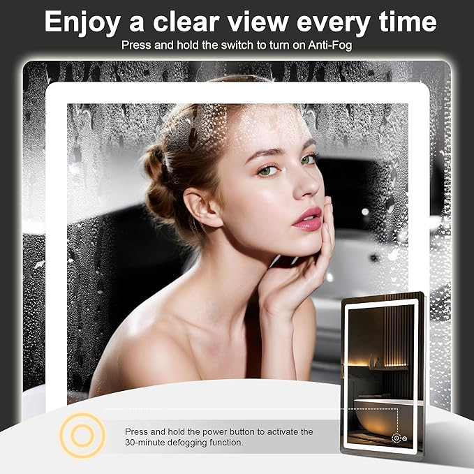 Led Mirror for Bathroom, 30x20 Bathroom Vanity Mirror for Wall with Light, IP54 Enhanced Anti-Fog, Dimmable 3 Colors, Memory Function, Backlit and Front Lit, Shatter-Proof Glass, Plug-in/Hardwired