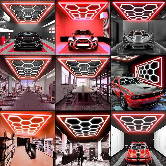 Large Hexagon Garage Lights 14 Hex LED Higher Brightness Lights with Red Light Rectangle Frame Octagon Honeycomb Lighting for Garage Car Detailing Barber Shop Gym Warehouses.