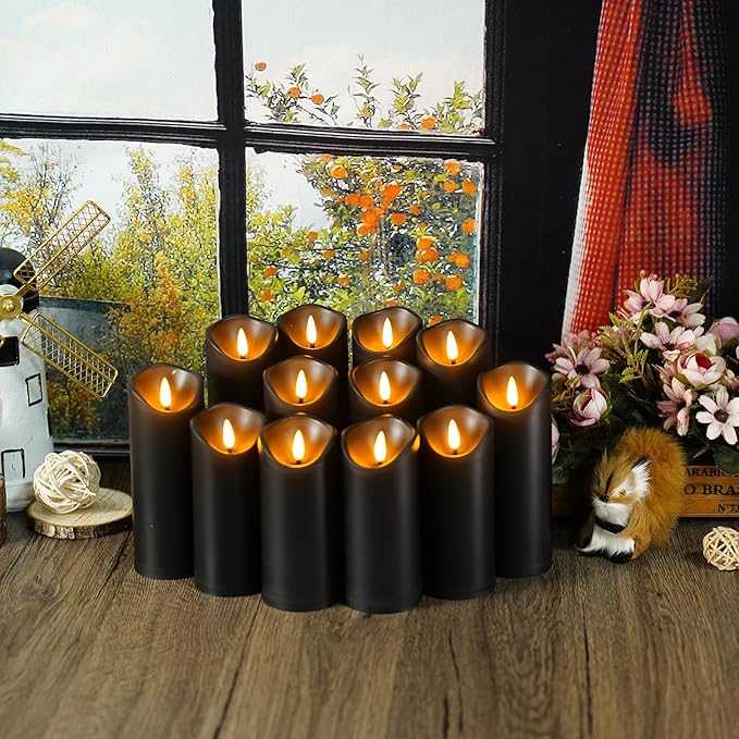 Flameless Candles with Remote, Battery Operated Flickering Flameless Candles, LED Candles with Timer 2/4/6/8H, with Realistic LED Candles Set of 12 (D2.2 x H 5" 6" 7") (Black)