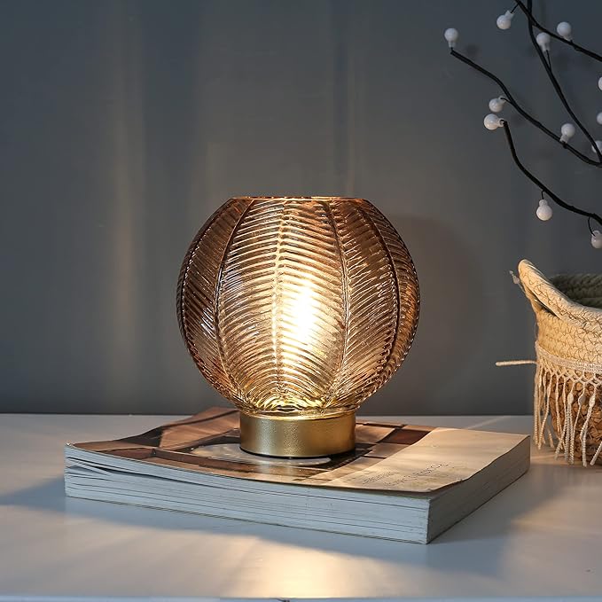 Battery Operated Lamp with Timer, Cordless Amber Glass Table Lamp, Battery Powered Small Lamps Decorative for Living Room Bedside Shelf Corner -Amber