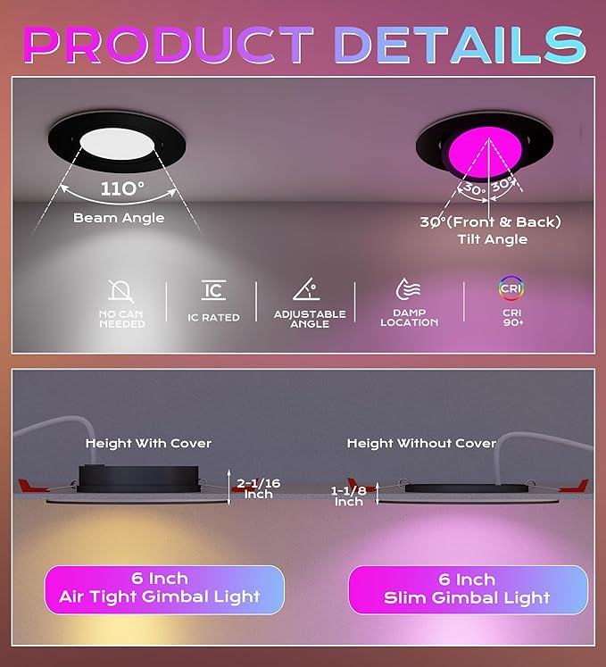 CLOUDY BAY [4 Pack] 6 inch Gimbal Smart WiFi LED Recessed Lights,RGBCW Color Changing,Compatible with Alexa and Google Home Assistant,No Hub Required,2700K-6500K,IC Rated,Black