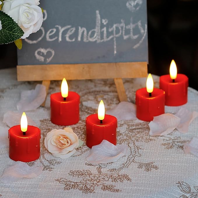 Rechargeable Flameless 1.6" x2.5" Tea Light Candles with Remote & Type-C Charging Cable, Timer LED Flickering Red Plastic 6pcs Mini Dripping Wax Votive Tealight