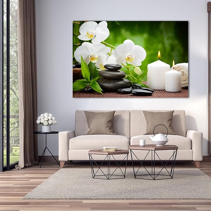 GUTTATY Zen Wall Art Decor, Modern Bathroom Zen Decor Wall Art, Large Canvas Wall Art for SPA Zen Room Decor, Green Bamboo and Pebble Relaxing Zen Art Prints for Office & SPA Wall Decor 32x48 Inches