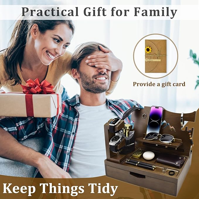 Nightstand Organizer for Men with Large Drawer, Wood Phone Docking Station for Phone, Apple Watch, Wallet & Keys, Ideal Birthday Gift for Father Husband, Bedside Desk Organizer (Brown)