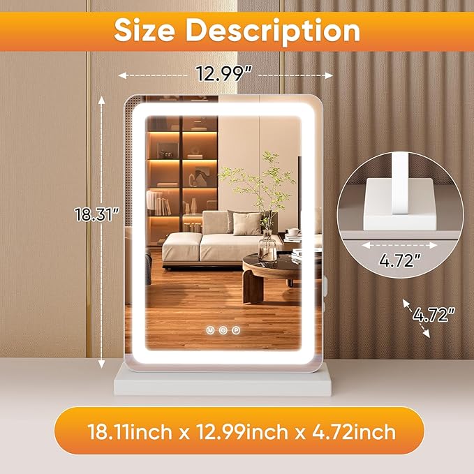 Sweetcrispy 18"x13" LED Vanity Mirror with Lights, Small Smart Makeup Mirror with Touch Control, Dimmable Lighting