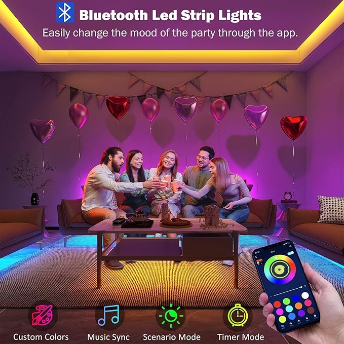 Leeleberd 32.8ft Led Strip Lights Smart App Music Sync Color Changing RGB Led Light Strips Bluetooth LED Strips with Remote Led Lights for Bedroom Home Decoration