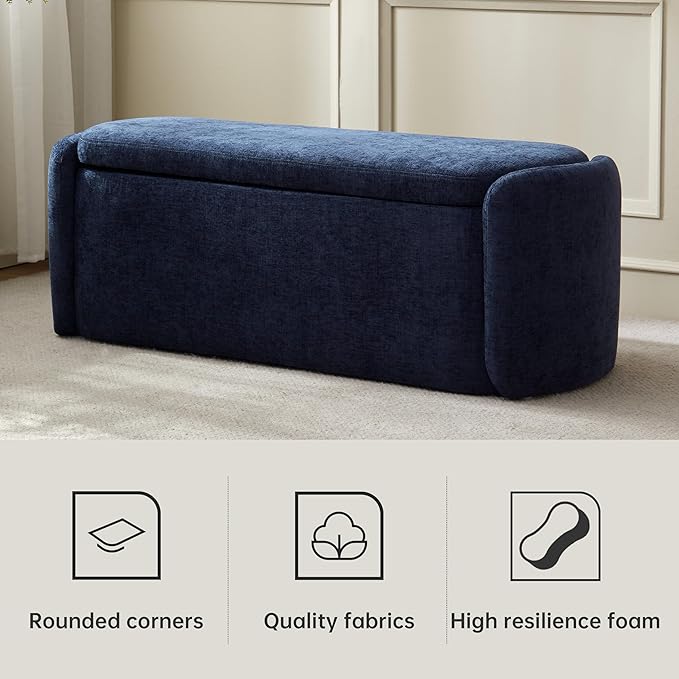 VKNOW 46" Oval Storage Ottoman Bench, Upholstered End of Bed Bench Ottomans Bench Foot Rest, Sherpa Storage Bench for Bedroom, Living Room and Hallway, Navy