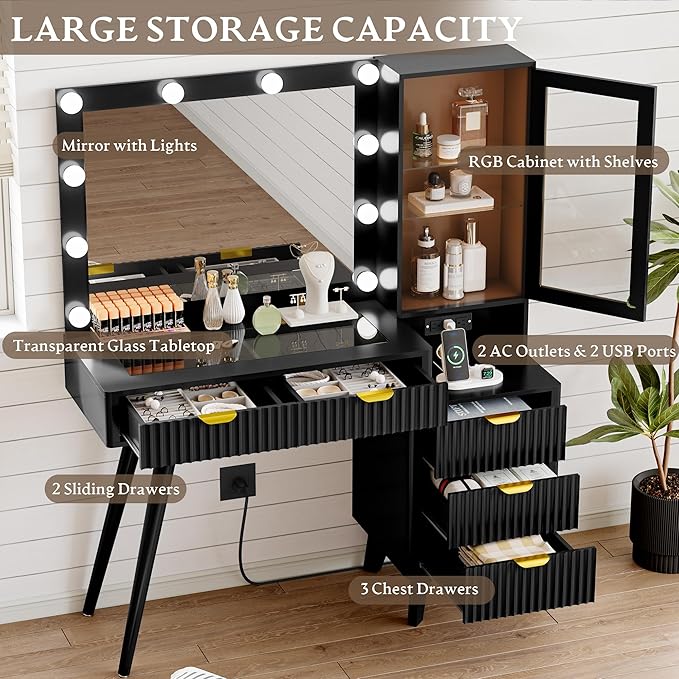 Fluted Vanity Desk with Mirror and Lights, 45" Glass Top Makeup Table Set with 5 Drawers, Power Outlet & Storage Cabinet, Large Dressing Table with RGB Ambient Light for Bedroom Women Girls, Black