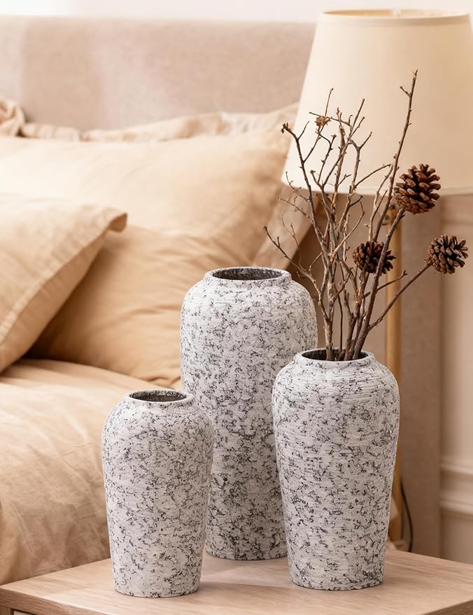 Stone Vase Set 3 Modern Decor Ceramic Vases Rustic Farmhouse Home Tea Table Office Room Desk Pottery