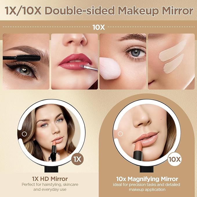 Lighted Makeup Mirror with 3 Color Modes & Dimmable Brightness, 360° Rotation, Double-Sided 1X/10X Magnifying Mirror, Rechargeable Portable Vanity Mirror for Home and Travel, Touch Control - White