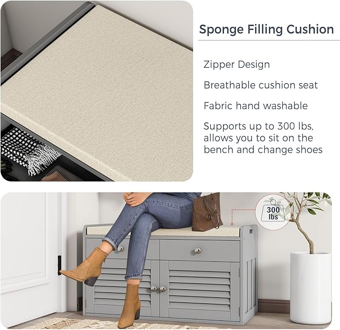 Shoe Storage Bench with Cushion, Shoe Bench, Padded Seat, 2 Drawer Storage, Entryway, Hold up to 300lbs, 15.8 x 32.29 x 18.1 Inches, Grey