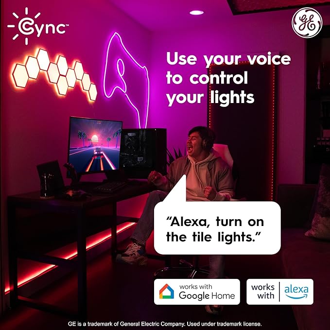 Cync GE Dynamic Effects Indoor Hexagon WiFi Smart LED Color Changing Lights, Wall Light Panels for Room Décor, Gaming Setup, Music Sync LED Wall Art, Works with Alexa and Google, 10 Panels