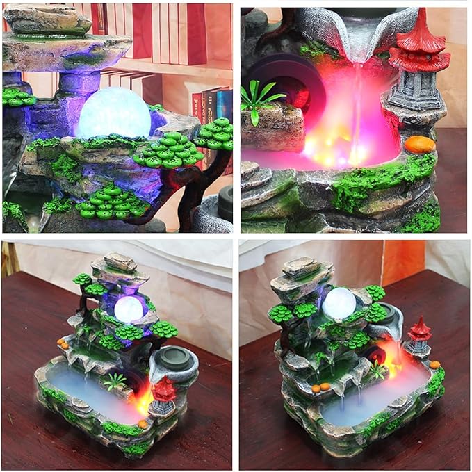 Waterfall Lamp, Water Fountain Indoor Relaxation Waterfall Bonsai Desktop Ornament with LED Light, Zen Meditation Home Office Bedroom Atomizing Humidifier Desk Decoration