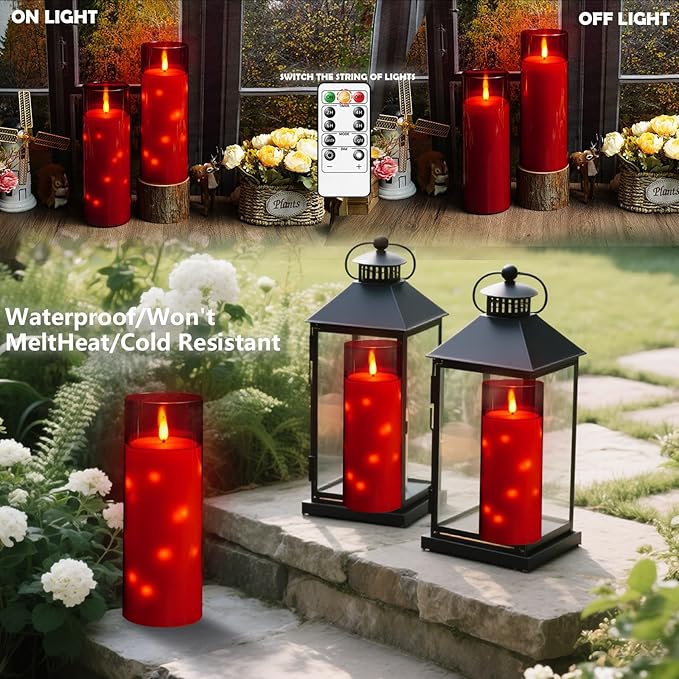11" x 4" Large Outdoor Waterproof Flameless LED Candles with Remote and Timer,Acrylic Pillar Candles Battery Operated with Embedded Star String for Porch,Patio,Outdoor Decor,Set of 2(Red)