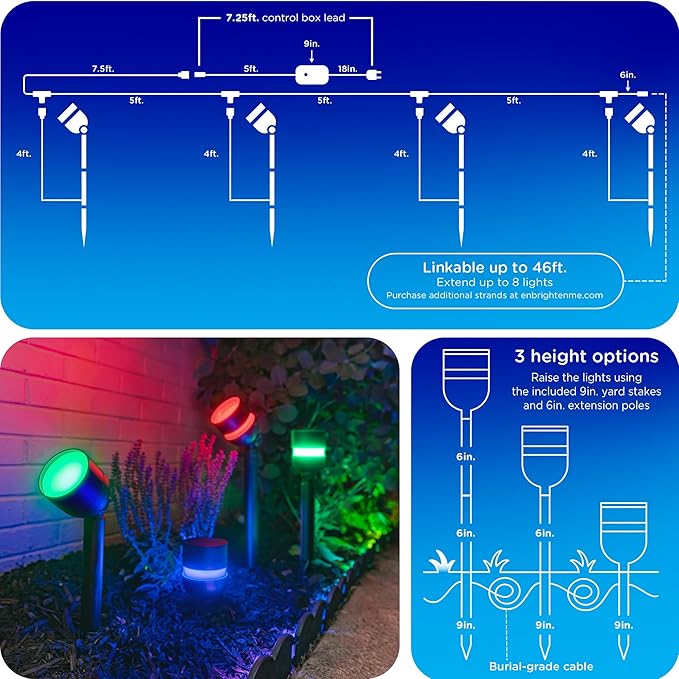 Enbrighten Vibe Eternity Path Lights, 23ft, 4 RGBWIC LEDs, Weatherproof, Perfect for Garden, Pathway, and Home Exterior Lighting, Smart App Control, Compatible with Alexa, Google Home, 85966