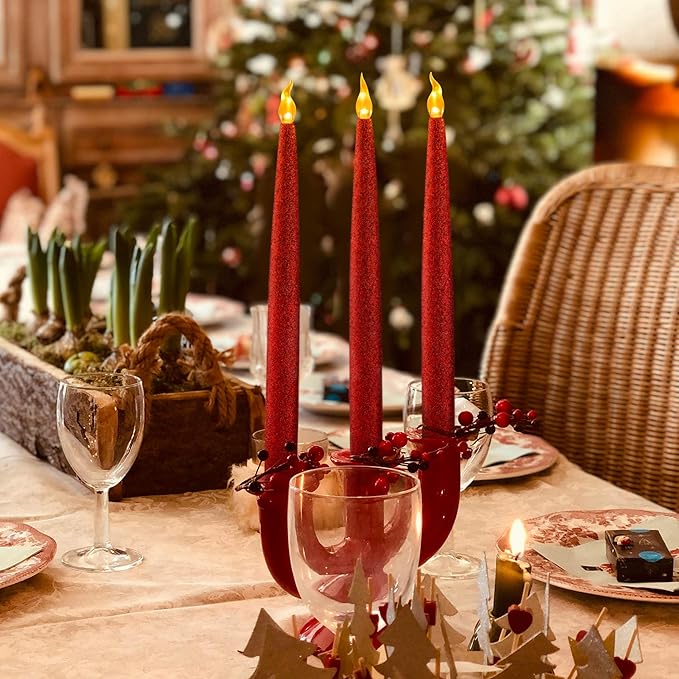 FURORA LIGHTING Red LED Taper Candles, Window Candles, Candle Lights, Long Candles, Battery Powered Candles, Electric Candles Window Lights with 6 Hour Timer Function - Red 11.5", Pack of 2
