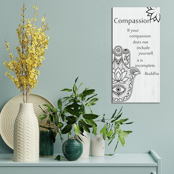 Blulu 2 Pcs Buddha Quote Decor Buddha Inspirational Quote Wall Art Meditation Room Chakra Decor Zen Wooden Hanging, Spiritual Gift for Home Yoga Living Room Women(Compassion)