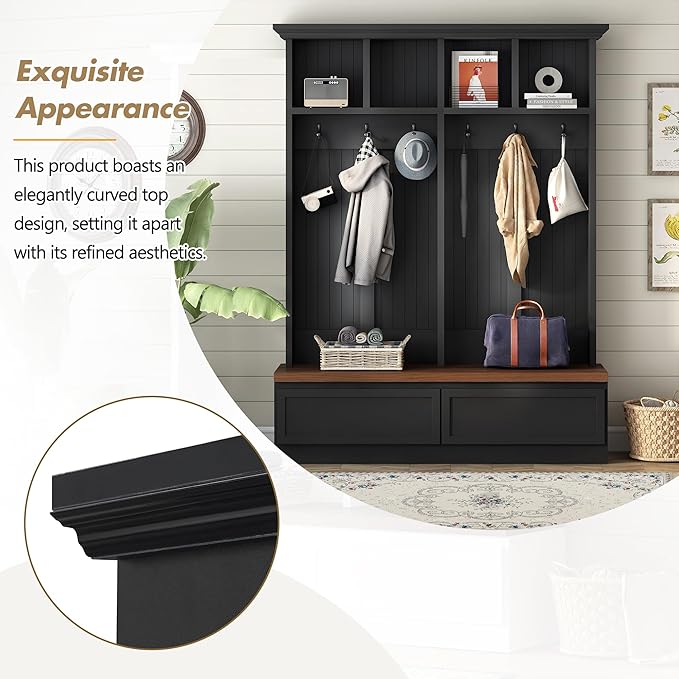 LUMISOL Mudroom Entryway Hall Tree with Storage Bench, 4-in-1 Farmhouse Coat Rack with Open Compartments and 2 Large Drawer for Entryway, Hallyway Shoe Cabinet with 6 Hanging Hooks, Black