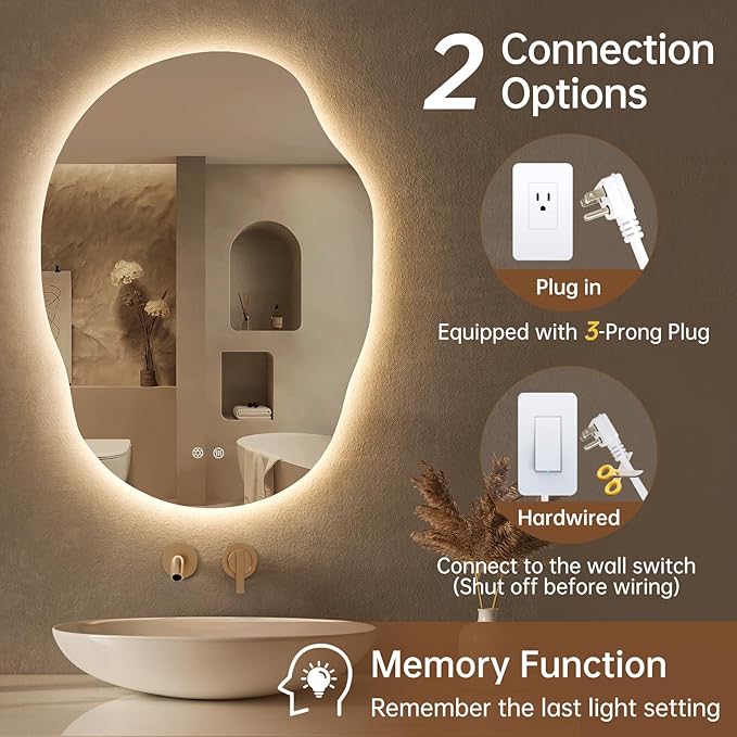LOVESPEJO Irregular Backlit Mirror Bathroom 25x35 Inch, Asymmetrical LED Bathroom Mirror with Lights, Fogless, Dimmable, 3 Color Changing, Horizontal/Vertical