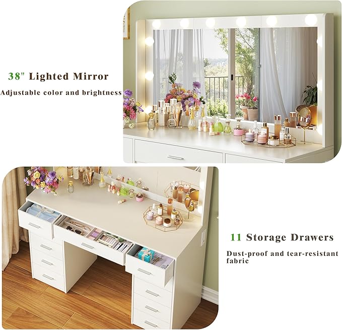 Large Vanity Desk with Mirror and Lights, 43.3" Makeup Vanity Desk with Lights, 3 Color Hollywood Bulbs, White Vanity with 11 Fabric Storage Drawers & Power Outlets for Bedroom Dressing Room