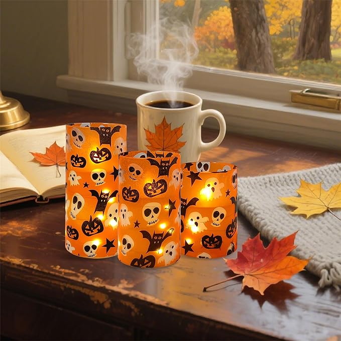 Halloween Flameless Candles with String Lights - Set of 3 Ghost Battery Operated Candle Flickering Floral LED Pillar Candles with Timer Remote for Home Decor Romantic Ambiance