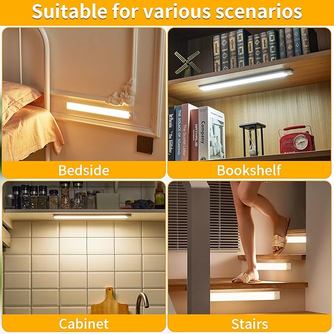 Wireless Under Cabinet Lighting 16 Inch 3 Pack, Magnetic Motion Sensor Light Indoor USB C Rechargeable Closet Lights, 3 Color Dimmable LED Night Light Stick on Under Counter Lights for Kitchen Stairs