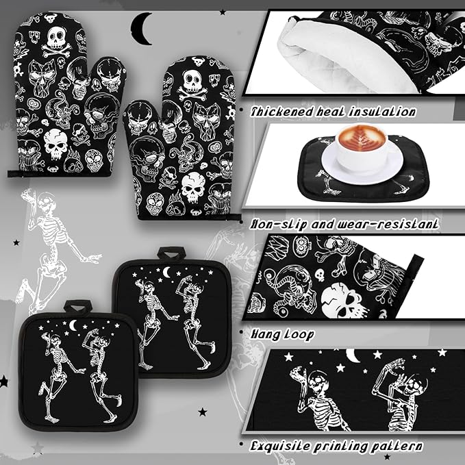Fourluoo 10 Pcs Skeleton Kitchen Set Kitchen Towels and Rugs Oven Mitts and Pot Holders Gothic Decor and Accessories for Gift Cooking Baking Grilling