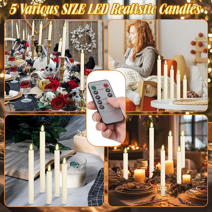 10 Pcs Flameless Taper Candles with Remote Battery Operated Taper Candles Include 6.5'' 7.7" 8.9" 10" 11.2" Fake LED Electric Candle Sticks for Valentine's Day Home Wedding Decor (Warm White)