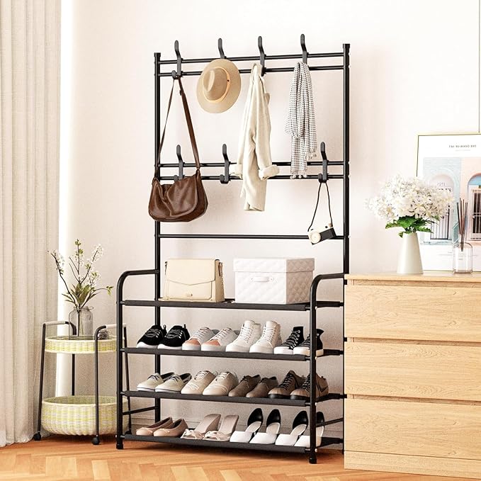 darsun 31.5" Hall Tree, Shoe Storage Bench with 4 Tiers & 8 Hooks, Multipurpose Coat Rack for Entryway, Hallway, Bedroom, Office, Space Saving Organizer