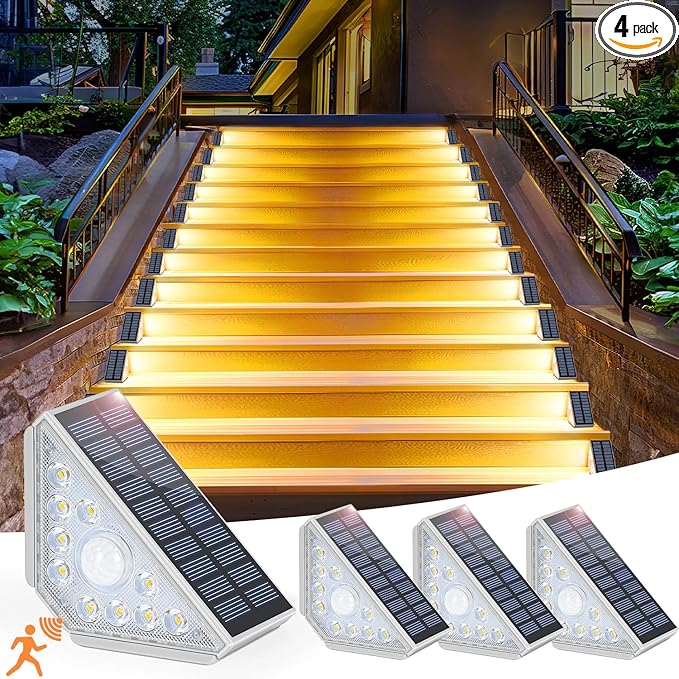 Motion Sensor Solar Step Lights for Outside, 4-Pack Outdoor Stair Lights Waterproof IP67, Solar Powered LED Outdoor Step Lights Decor for Yard Garden Porch Patio Pathway Deck, Warm White