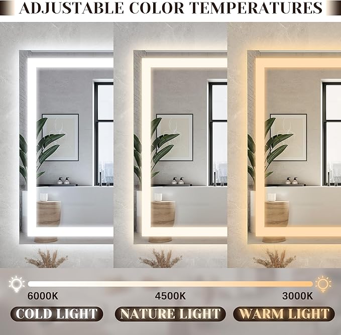 ROLOVE 31" x 22" Large Lighted Vanity Mirror with Lights, Dimmable 3 Modes, LED Makeup Mirror for Bathroom ＆ Dressing Room, Tabletop or Wall-Mounted, 10X Magnification, White