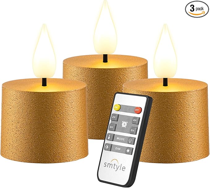 smtyle Vintage Christmas Small Flickering Flameless Candles LED Tea Lights with Remote, 1.5"×1.5" Gold Battery Operated Set of 3 with Timer for Indoor Table Decoration, Weddings, Parties or Outdoors
